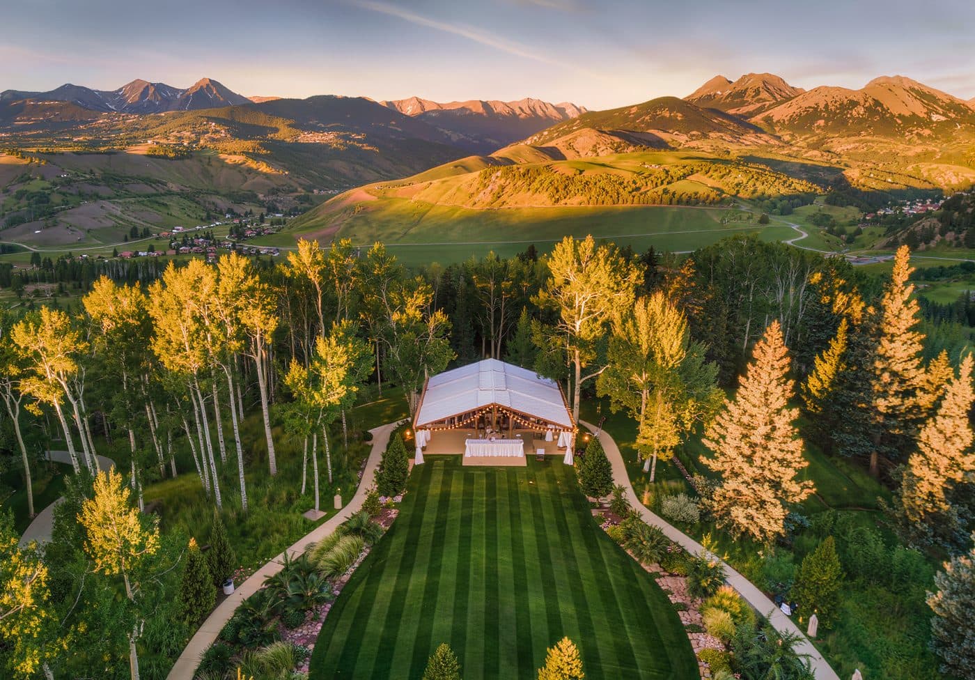 Wide aerial view of Colorado event venue from drone